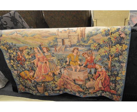 A modern tapestry hanging depicting grape harvesting.