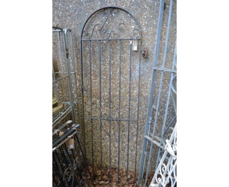 Black painted wrought iron arched top single gate 193cm high x 60cm wide.