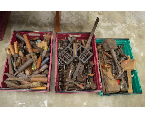Three boxes of assorted wood working tools to include chisels etc.