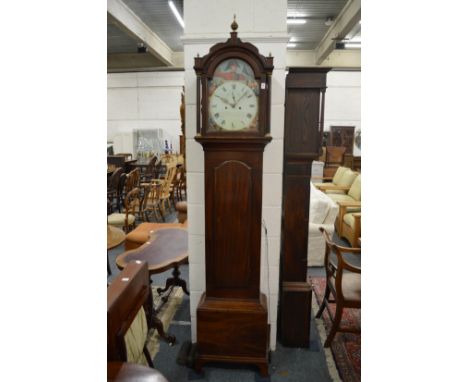 A good 19th century mahogany longcase clock with eight day movement, the arched dial painted with nautical themes to include 