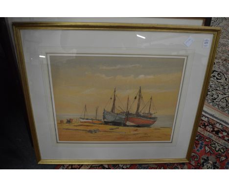 Beached fishing boats, colour print and another.