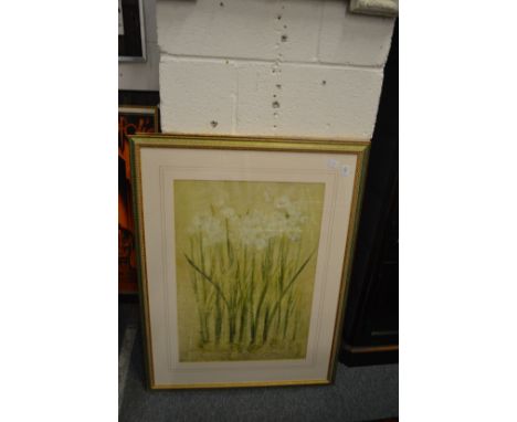 Abstract floral subjects, a pair, in decorative frames, together with a print depicting birds.