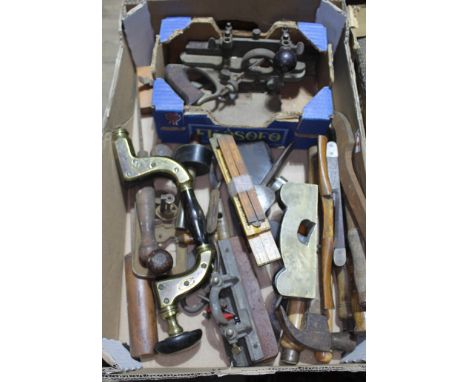 A box of mixed antique tools including wood working planes.  