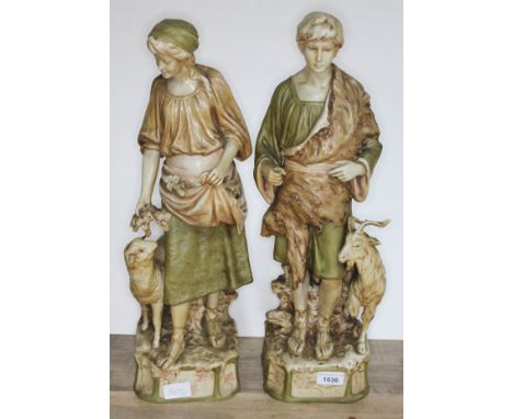 A pair of of Royal Dux figures, Shepherd and Shepherdess, model numbers 1115 &amp; 1116, heights 54cm &amp; 53cm.  Condition: