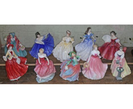 10 large Royal Doulton lady figures including Summers Day HN3378; Autumn Breezes HN1911; Rosie HN4094; First Waltz HN2862; El