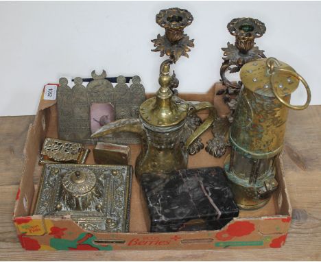 A mixed lot comprising mainly brassware including miners lamp, ornate twist candlesticks, inkwell, photo frame, coffee pot, t