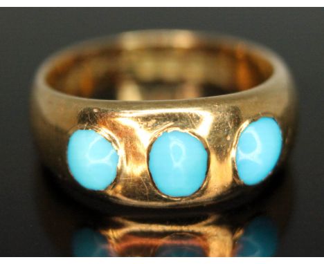 An Edwardian three stone turquoise ring, hallmarked 18ct gold, Birmingham 1908, size I/J, gross wt. 4.83g.  Condition - very 