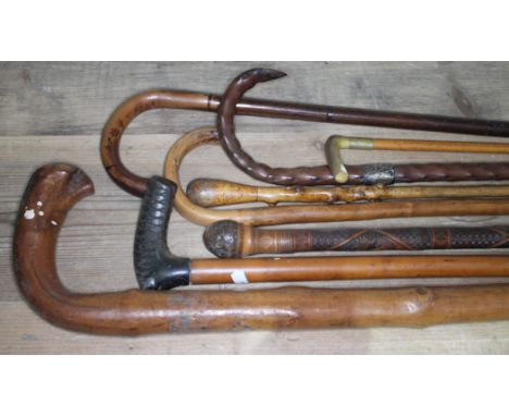 A quantity of vintage walking sticks, together with a riding crop and a swagger stick.  