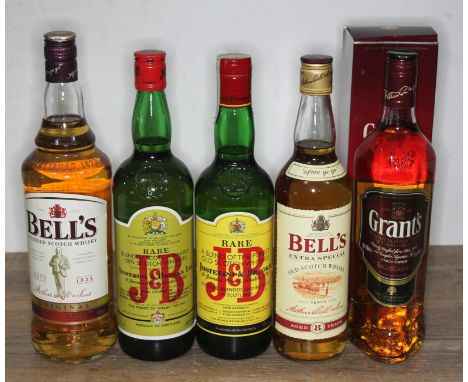 Five bottles of blended Scotch whisky comprising Bell's 1ltr, 2x Justerini &amp; Brooks Rare blend 70cl &amp; 75cl, Bell's Ex