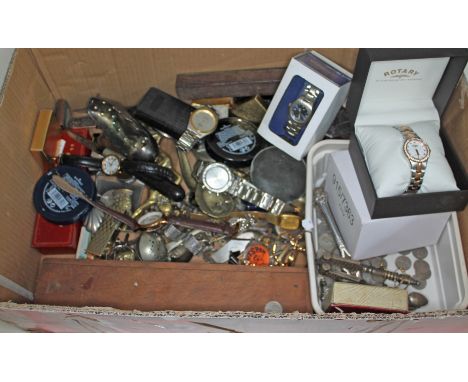 A box of assorted items including metalware, coins, costume jewellery, dominoes, a ladies Rotary wristwatch and other watches