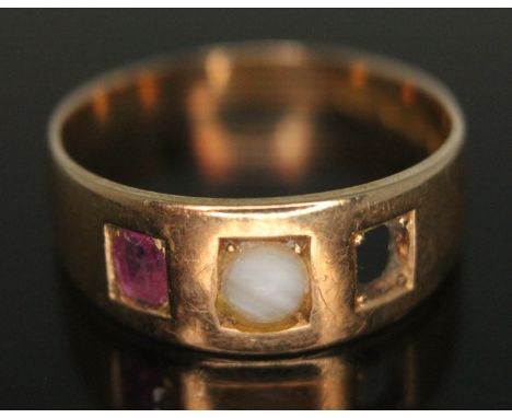 A late Victorian ruby and pearl ring, hallmarked 15ct gold band, gross wt. 3.67g, size P.  Condition - one stone missing, evi