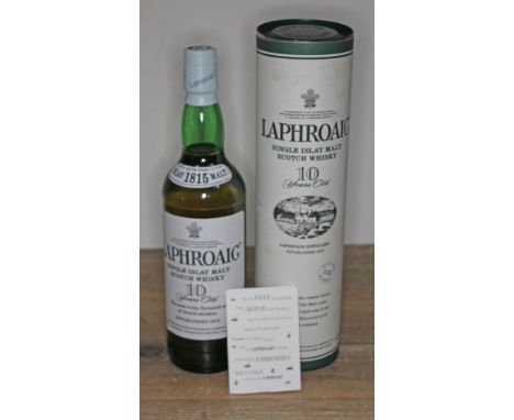 Laphroaig 10 years old single Islay malt Scotch whisky, 40% 70cl, sealed, level low neck, with canister.  