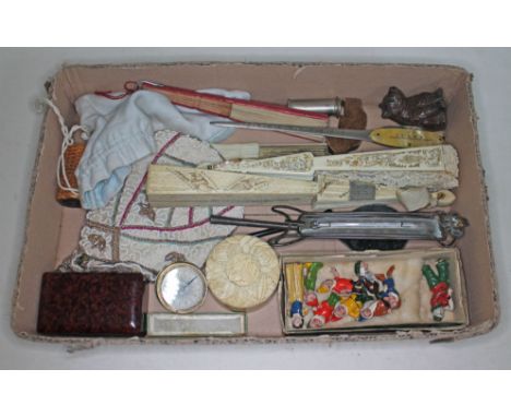 A tray of assorted bric a brac including fans, die cast Snow White and the Seven Dwarfs, thermometer, treen etc.  