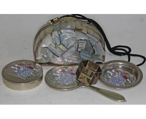 Vintage art deco style lucite handbag, brass napkin ring and 3 piece enamel vanity set.  