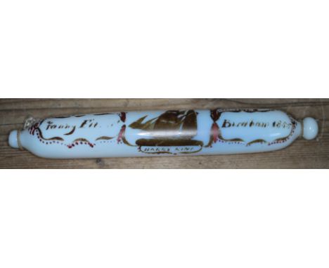 A Victorian painted glass rolling pin, named and dated Burnham 1855, length 36cm.  