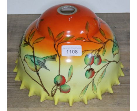 A vintage glass light shade with flared rim, painted with birds in an apple tree, height 15cm , diameter 24cm.  Condition: ni