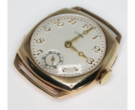 A 1940s/50s hallmarked 9ct gold Cyma wristwatch having signed champagne dial with Arabic numerals and breguet hands in gold a