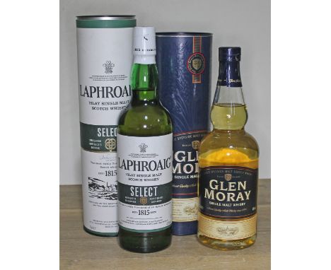Two bottles of single malt Scotch whisky: Laphroaig Select and Glen Moray, both 40% 70cl.  