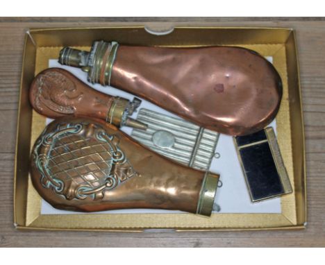 A mixed lot comprising three shot flasks, an EPNS note pad and a vintage lighter.  