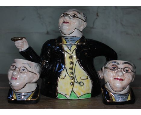 A Lingard ceramic teapot, milk jug and sugar bowl, bearing description Pickwick Proposes a Toast  All pieces appear in good c