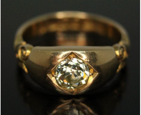 A Victorian diamond solitaire ring, the central slightly oval European cut stone weighing approx. 0.85ct, hallmarked 18ct gol