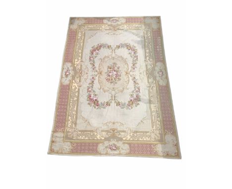 Aubusson design flatweave tapestry ground carpet, the ivory field with rose bouquets within floral cartouche and bordered 415