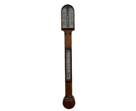 Late 19th century walnut boxwood cistern stick barometer with a double canted register and weather predictions, measuring bar