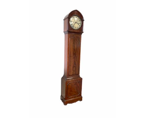 Late 19th century figured mahogany longcase clock with a lancet-shaped hood and stopped reeded pillars, trunk with a full-len