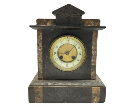 Late 19th century Belgium slate mantle clock with inset panels of contrasting variegated marble, with an incised gable pedime