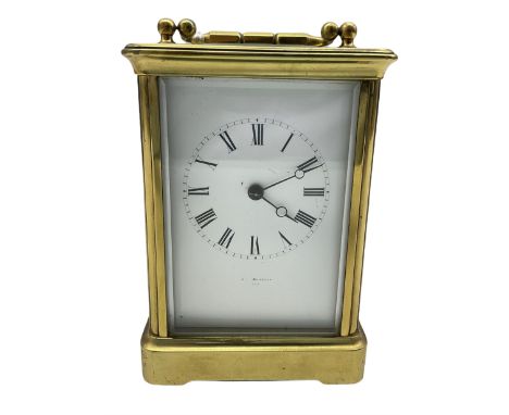 Late 19thth century twin train Corniche striking carriage clock striking the hours on a coiled gong, eight-day movement with 