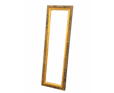 Late 20th century portrait wall hanging mirror in ebonised frame with gilt decoration 42cm x 134cm