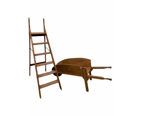Rustic fruitwood wheel barrow (L162cm) together with a vintage five rung step ladder (H177cm)