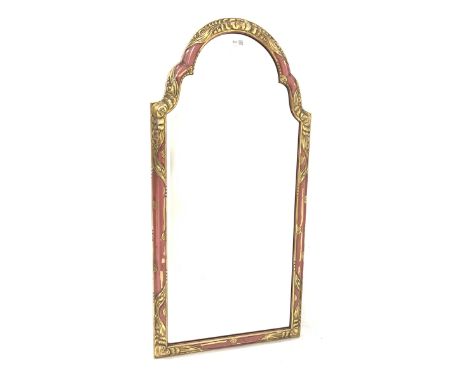 Late 18th century design parcel gilt upright wall mirror, stepped arched floral moulded frame enclosing bevelled plate 50cm x