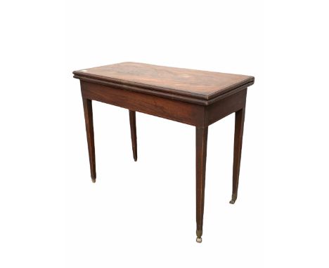 Georgian mahogany fold over card table, the top with satinwood band lifting to reveal baize lined playing surface, raised on 