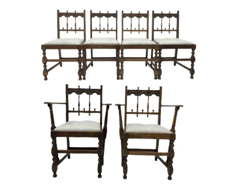 Set six (4+2) Ercol 'Cloister' dining chair, drop in seat pads, raised on turned and block supports 