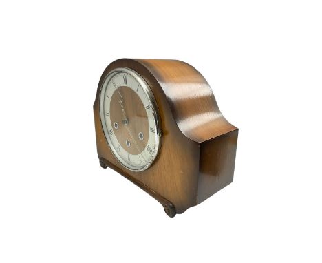 An oak cased mid-20th century three train Westminster chiming mantle clock striking the hours and chiming the quarters on fou