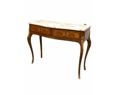 French style walnut and beech console table of serpentine form, the moulded white variegated marble top over two drawers, rai