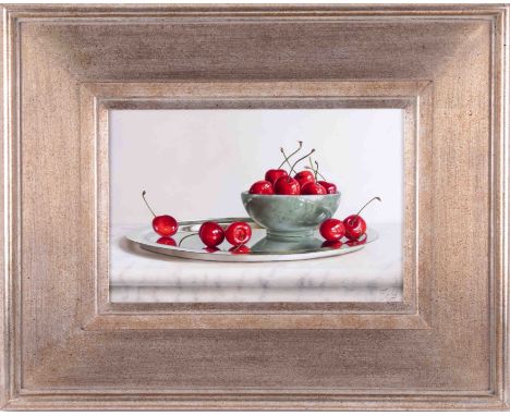 Johan de Fre (b.1952) 'Cherries in a Jade bowl' signed oil on board, 19cm x 28cm, framed. With copy of gallery purchase recei