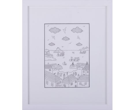 Brian Pollard (Association of British Naïve Artists), ink drawing, Mousehole &amp; Mounts Bay, May 2021, framed and glazed, o