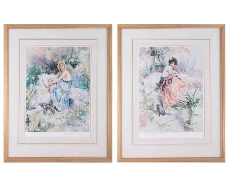 Gordon King (b 1939) 'Lady in the Garden with Blue Skirt' limited edition print 127/850 framed and glazed together with 'Lady