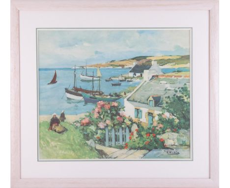 Print after Raymond Wintz, Breton Fishing Village, 50cm x 60cm, framed and glazed.