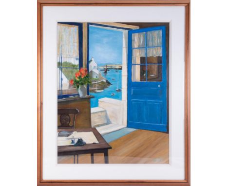 Print after Raymond Wintz, Blue Door, over painted in oils, 76cm x 60cm, framed and glazed.