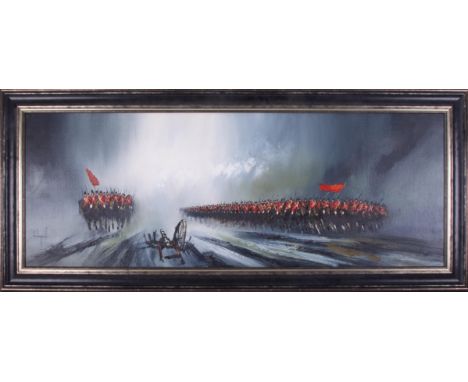 John Bampfield (b1949), 'The Charge Of The Light Brigade' oil on canvas, 44cm x 120cm, framed.