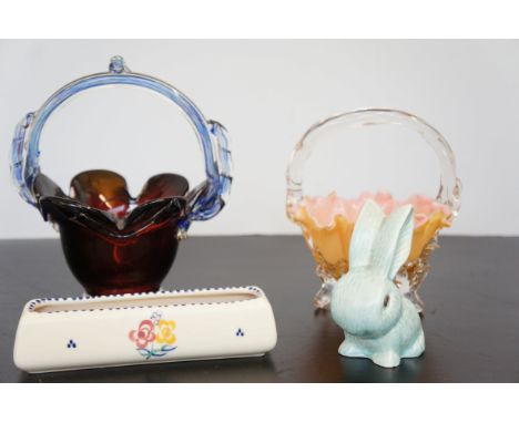 2x Art glass baskets, Poole pottery trough &amp; Sylvac rabbit 