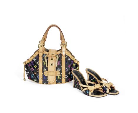 Louis Vuitton x Takashi MurakamiA Multicolore Black Theda GM Bag and Bow Shoes, 2004Black canvas with multicolour monogram pr