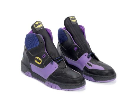 DC ComicsA Rare Pair of Promotional Batman Trainers, 1989Black and purple leather high-top trainers, with batman logos to sid