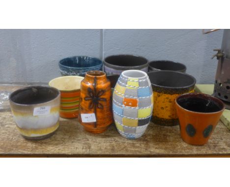 A collection of eight ceramic planters, including West German pottery, Italian and Belgian pottery, a 1970s vintage West Germ