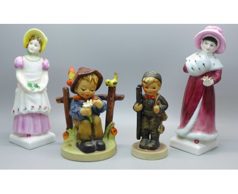 Two Royal Doulton figures, one a/f and two Hummel figures 