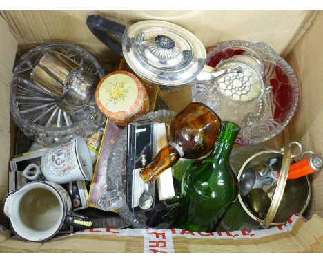 Two pressed glass bowls and two crystal bowls, a painted wooden glove box, a Denby Glyn Colledge pitcher, two old glass bottl