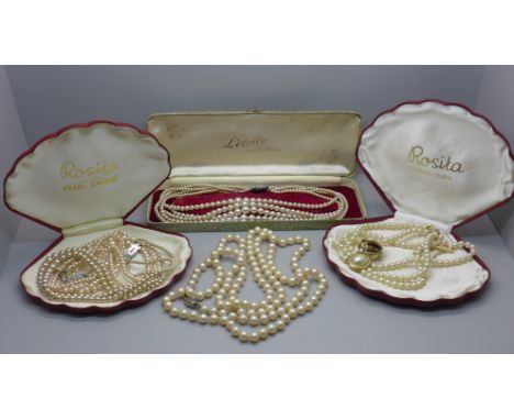 A collection of faux pearl necklaces, some boxed 